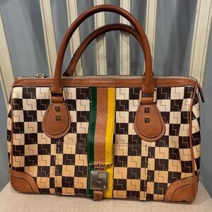 L.A.M.B by Gwen Stefani signature Checkered Ombré SatchelHandbag Brown Handles